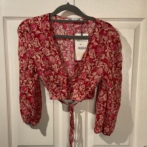 NWT Zara Red Long-Sleeve Floral Print Crop Top with a Tie Front